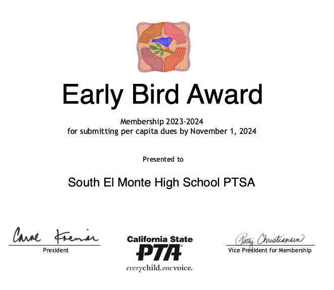 PTA Early Bird Cert